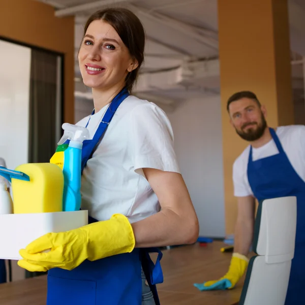 Une femme tenant une boîte contenant des fournitures de nettoyage pour un service d’entretien ménager commercial.