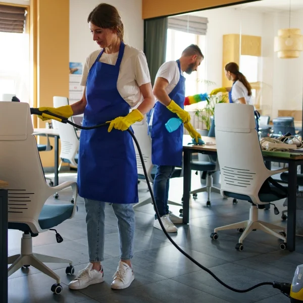 Une femme en tablier nettoie un bureau, utilisant un chiffon pour essuyer une surface.